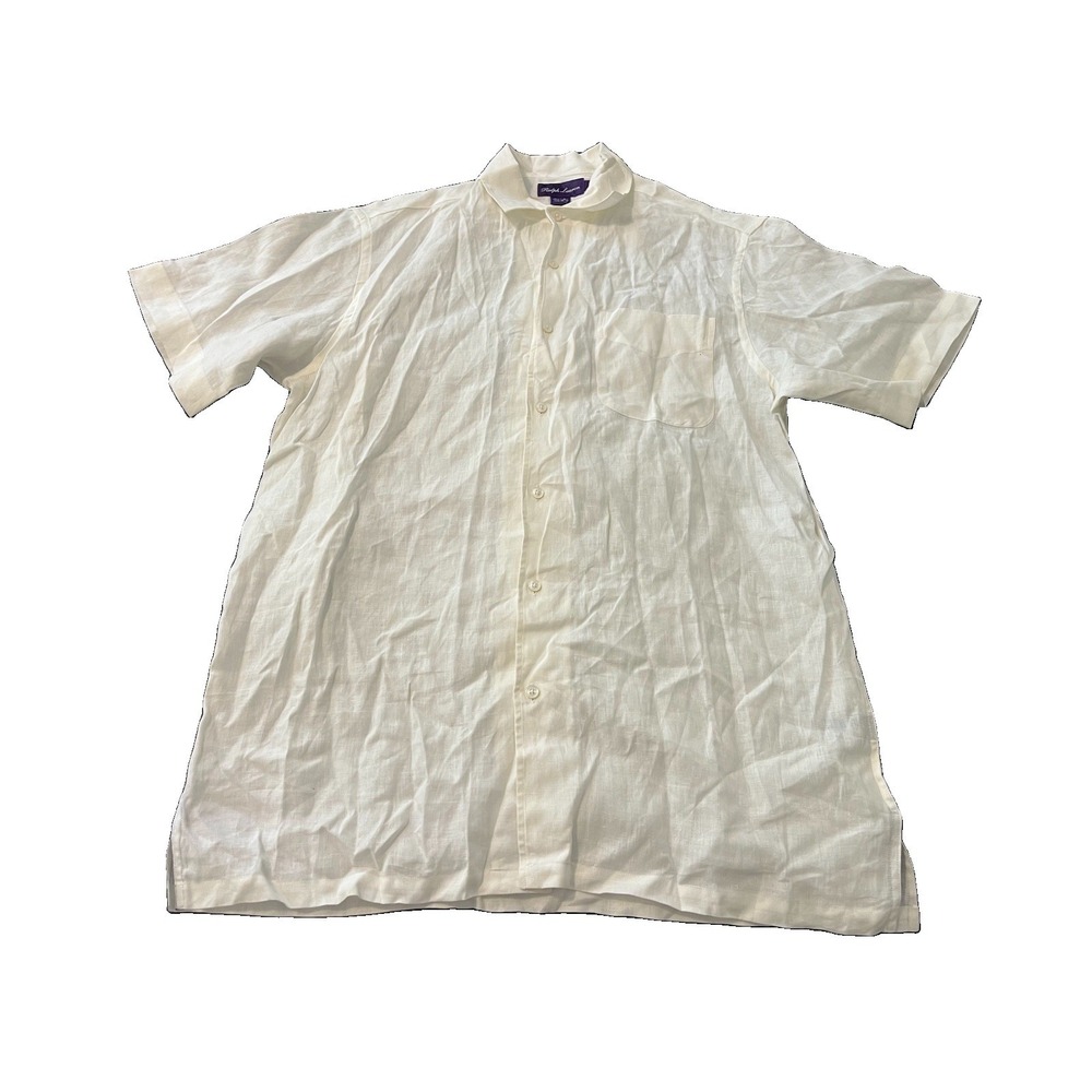 Ralph Lauren Purple Label Shirt Mens M White Linen Button-Up Short Sleeve Italy